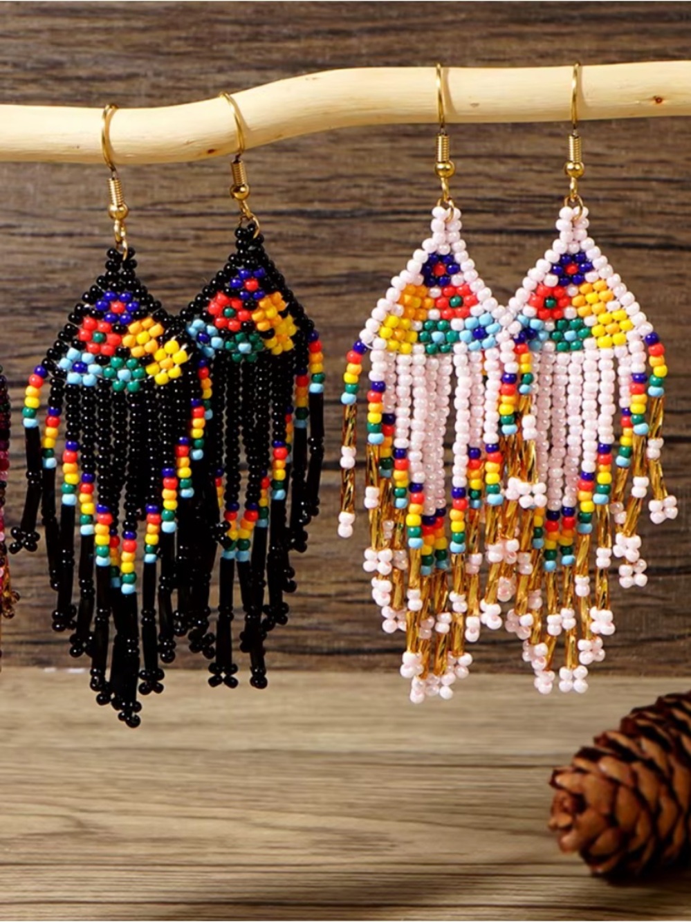 Handcrafted Beaded Fringe Earrings - Multicolor 2 pair